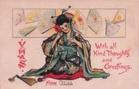 Japanese Geisha Lady Fan Kind Thoughts Greetings Old Postcard