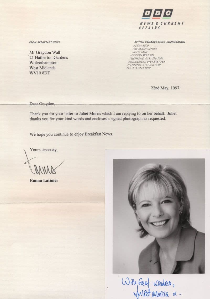 Juliet Morris BBC TV News Presenter Hand Signed Photo Letter