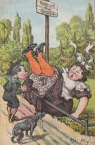 Keep Off The Grass Warning Sign Fat Lady Disaster Dog Old Comic Postcard