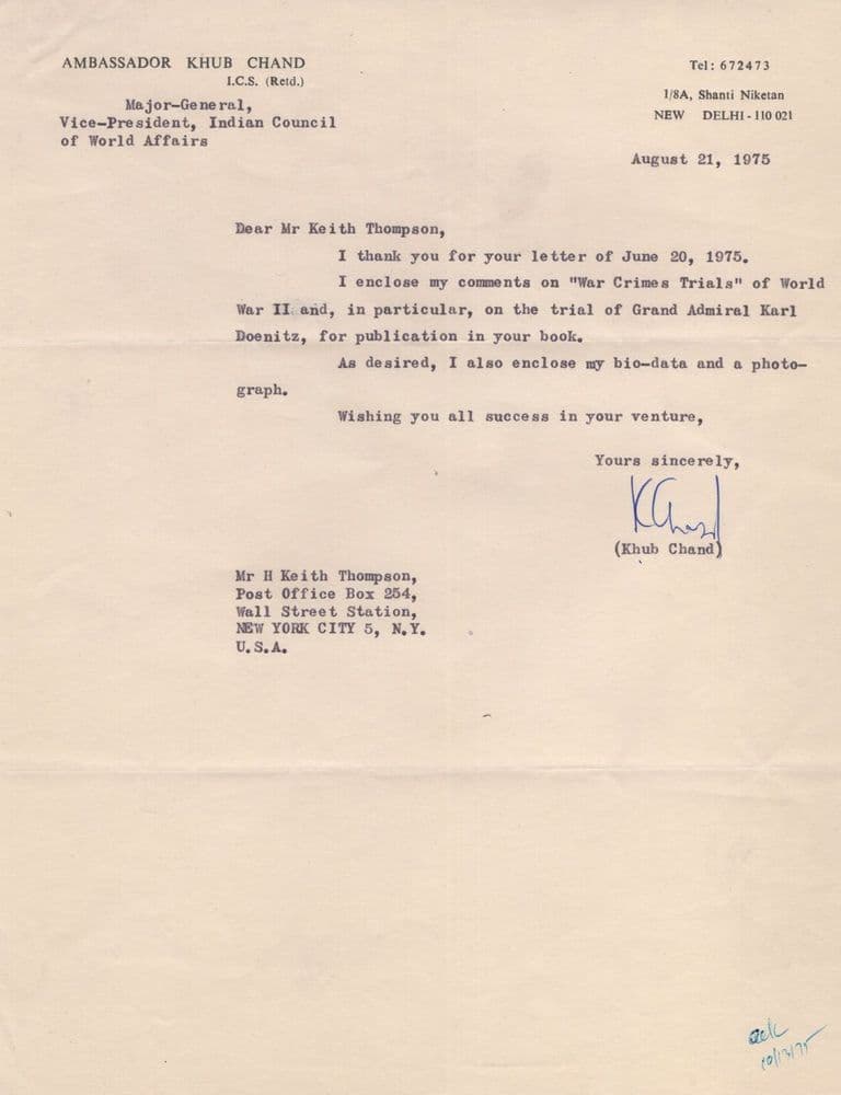 Khub Chand India Ambassador Hand Signed Letter & Nazi War Crimes Report