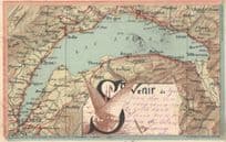 Lac Leman Switzerland Lausanne Geneve Antique 1901 Rare Map Postcard