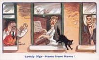 Lady Disaster Piano Player Cat Jumping Windows Old Comic Postcard