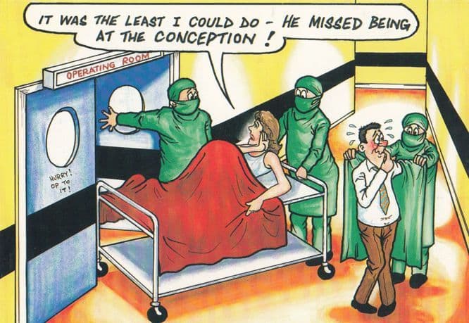 Lady Giving Birth Conception Hospital Baby Being Born Comic Humour Postcard