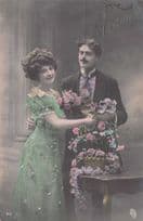 Lady Siren Green Dress Flower Basket Real Glitter Secret Code Old French Glamour Postcard