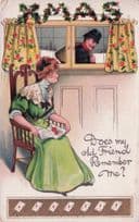 Lady Waiting For Lovers Letter Old Postman Xmas London Postcard