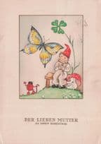 Ladybird With Walking Stick Insect Garden Gnome German Comic Postcard