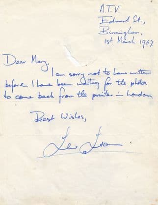 Lew Luton Crossroads 1967 ATV Birmingham Studios Hand Signed Letter