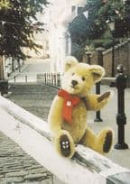 Lincoln Toy Teddy Bear in Red Ribbon Waving On Steep Hill Rare Postcard