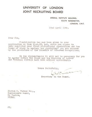 London University 1940 WW2 Hand Signed Anatomy Studies Letter