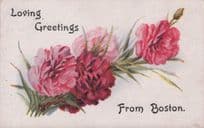 Loving Carnations & Greetings From Boston Lincs Old Postcard