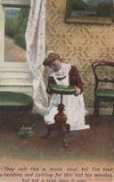 Maid Cleaning Antique Music Piano Stool Comic Postcard