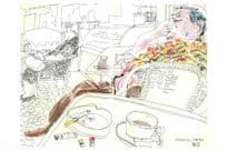 Man Sleeping in Istanbul Cafe Turkey Stunning Sketch Painting Postcard