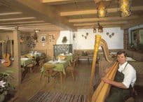 Mayrhofen Restaurant Switzerland Harp Player Greeting Guests Postcard