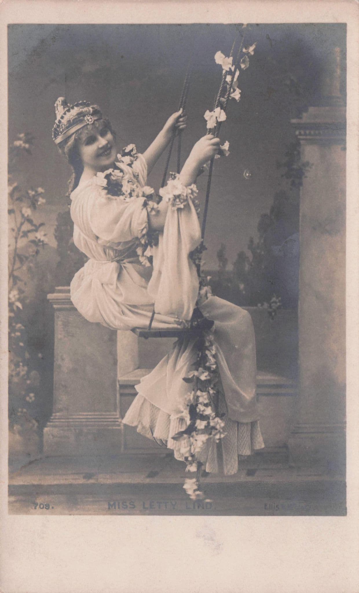 Miss Letty Miss Letty Lind Laughing on Swing Edwardian Actress Old Postcard
