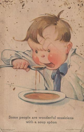 Musician With Soup Spoon Antique Comic Browned Postcard