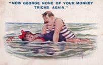 Now George Monkey Tricks Again Old Comic Swimming Postcard
