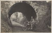 Old Bike Rider Helmet Under Bridge Antique Motorcycle Postcard