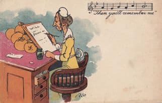 Old Lady Writing Will With Song Music Remember Me Antique Comic Humour Postcard