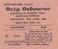 Ozzy Osbourne 1988 Irish Belfast Granville Nugent Hall Concert Ticket