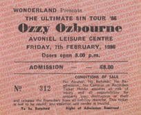 Ozzy Osbourne Ultimate Sin Tour 1986 Irish Belfast Vintage Concert Ticket