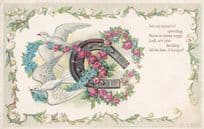 Pigeons Carrying Horseshoe Raised 3D Antique Speeding Greetings Postcard
