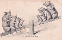 Pigs On See Saw Happy New Year Antique Postcard