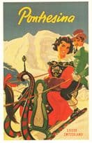 Pontresina 1951 Plakat Snow Transport Sleigh Switzerland Poster Postcard