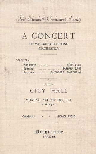 Port Elizabeth 1941 WW2 Opera South African Concert Programme