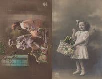 Posh Children Basket Of Champagne 2x Old Greeting Postcard s
