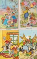 Rabbits Running Over A Hen In Car Rocking Horse Ballooon Party 4x Postcard s