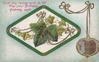 RAISED almost 3D Leaf ANTIQUE Leaf Birthday Greetings Postcard