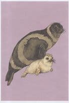 Ribbon Seal With Baby Pup North Pacific Ocean Fish Painting Postcard