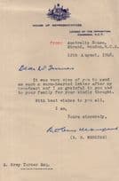 Robert Menzies Former Australian Prime Minister Antique Hand Signed Letter