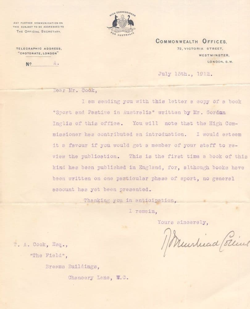 Hand Signed Letter Example Robert Muirhead Collins Australia Military Sports Old Hand Signed Letter