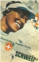 Schweiz Winterferien Doppelte Ferien 1934 Skiing Swiss Poster Postcard