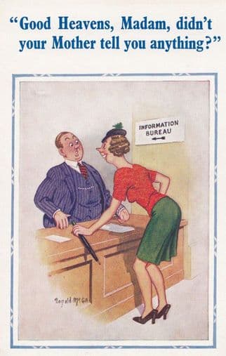 Seductive Lady at Information Bureau Scaring Man Manager Comic Humour Postcard