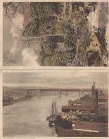 Ships At The Bridge Old Mill 2x Antique Newcastle 1919 Painting Postcard s