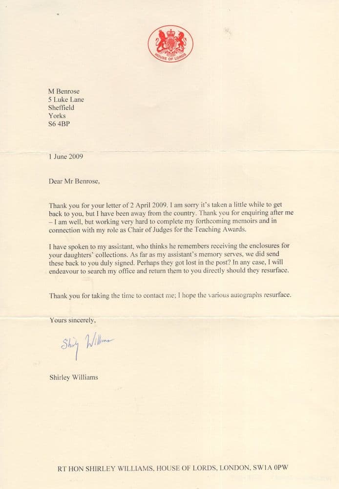 Hand Signed Letter Example Shirley Williams MP Official House Of Lords Hand Signed Letter