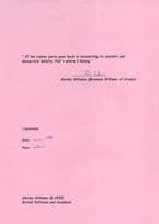 Shirley Williams MP Politician Large Hand Signed Autograph