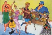 Singing Music Dancers at Spanish Customs Airport Comic Postcard