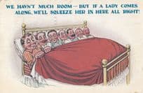 Squeeze Lady Into Full Up Overcrowded Bed Hotel Antique Comic Humour Postcard