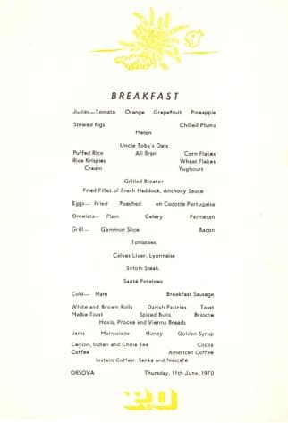 SS Orsova Orient Line Ship 1970 Menu