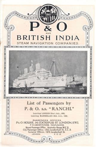SS Ranchi P&O Indian Ship Antique Passenger List Book -let