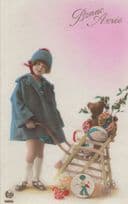 Teddy Bear On High Chair Antique Tinted New Year Greetings Postcard