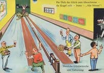 Ten Pin Bowling German Skittles Sports Comic Postcard
