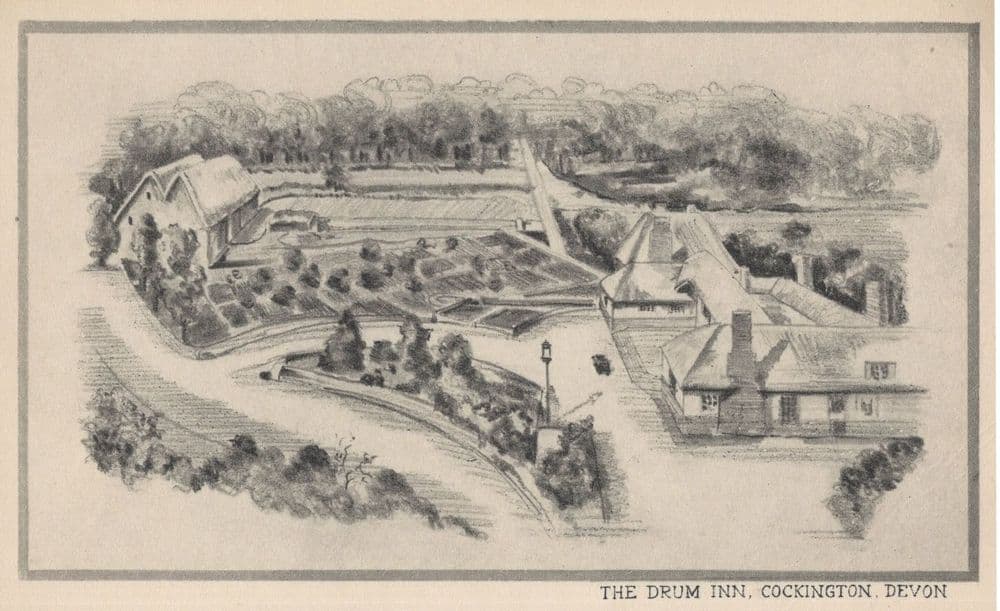 The Drum Inn Pub Cockington Devon Antique Aerial Map Postcard