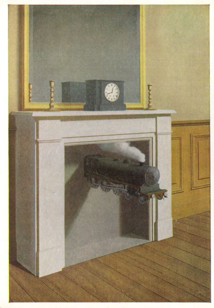 Time Transfixed Rene Magritte Train From Fireplace Clock Painting Postcard