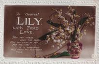 To Dear Dearest Lily With Love Novelty Name RPC Postcard