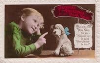 Toy Dog Motor Racing Chequered Flag Blue Bow Tie Real Old Photo Antique Postcard