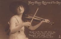 Violin Player Glamour Greetings Happy Birthday Antique Postcard